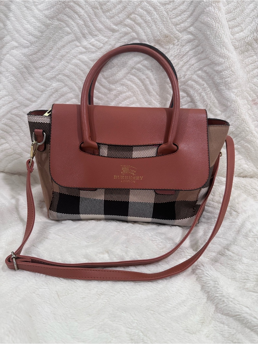 Burberry Brown Leather & Check Satchel with Top Handles - Picture 15 of 15